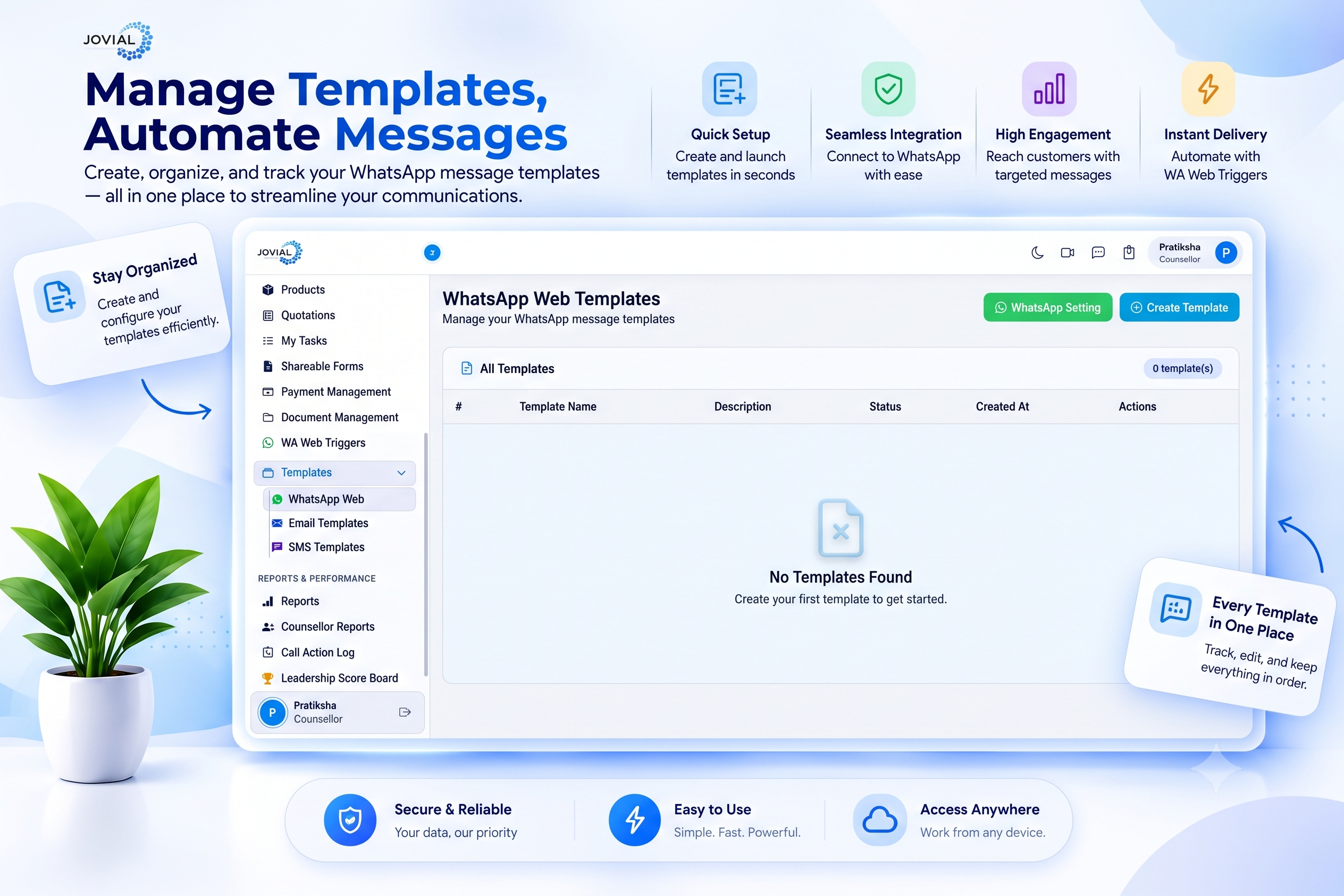 Sales Mitra CRM screen: WhatsApp message templates