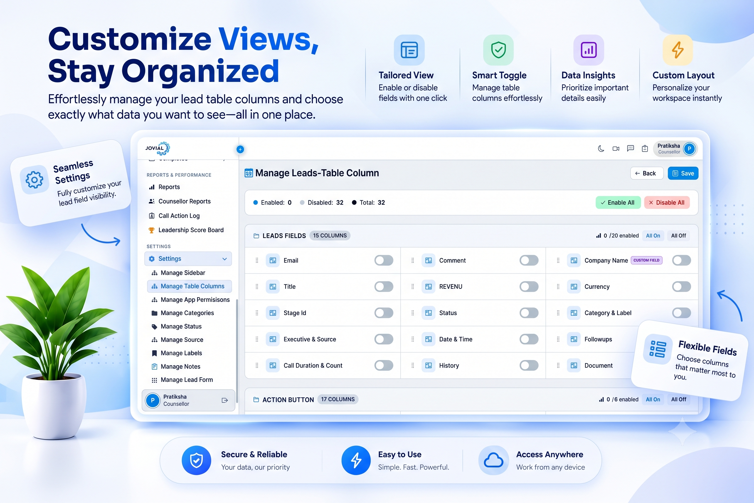 Sales Mitra CRM screen: Manage lead table columns