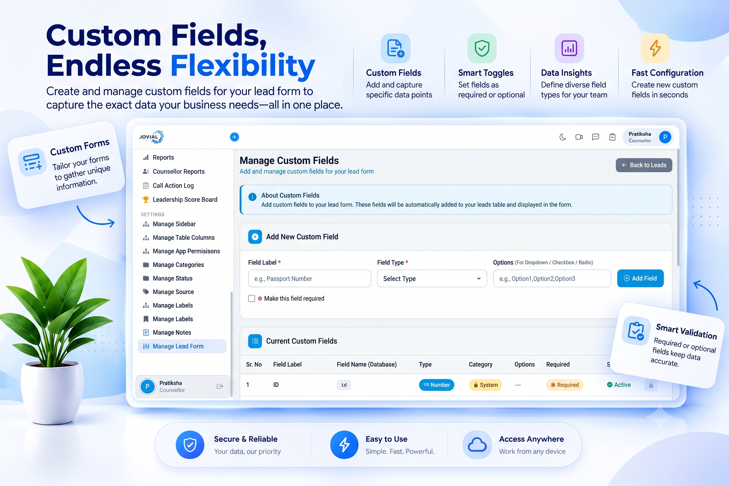 Sales Mitra CRM screen: Manage custom fields